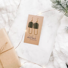 Load image into Gallery viewer, Dark Olive Green Leather & Brass Oval Accent Earrings