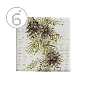 Green Pinecone Printed Ceramic Coaster - Set of 6