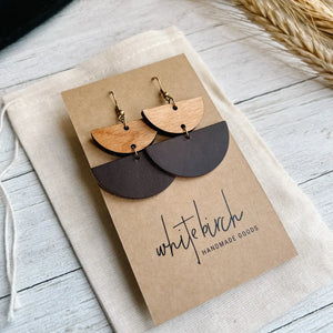 Rootbeer Leather & Light Cherry Wood Half Moon Earrings