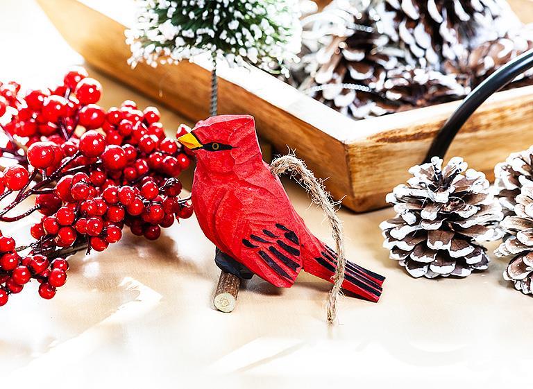 Carved Cardinal on Branch Ornament