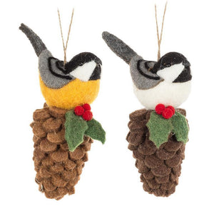 Bird on Pinecone Ornament - Assorted