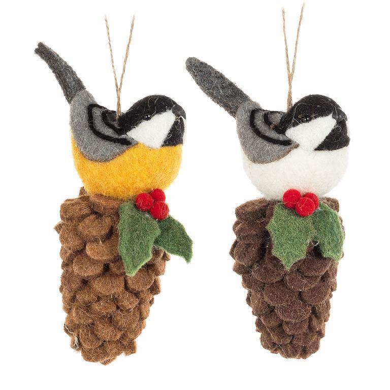 Bird on Pinecone Ornament - Assorted