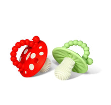 Load image into Gallery viewer, Chompy Mushroom Silicone Teether 2pk - Red &amp; Green
