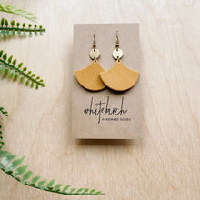 Load image into Gallery viewer, Distressed Tan Leather &amp; Mini Brass Disc Geometric Earrings
