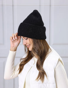 Black Angora Ribbed Beanie