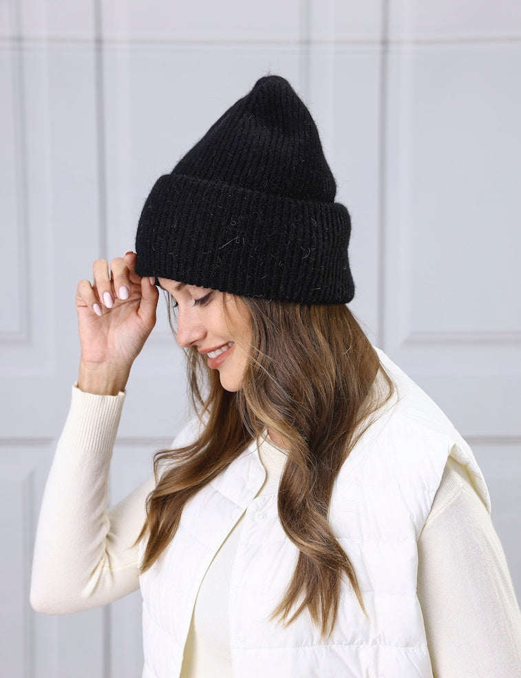 Black Angora Ribbed Beanie
