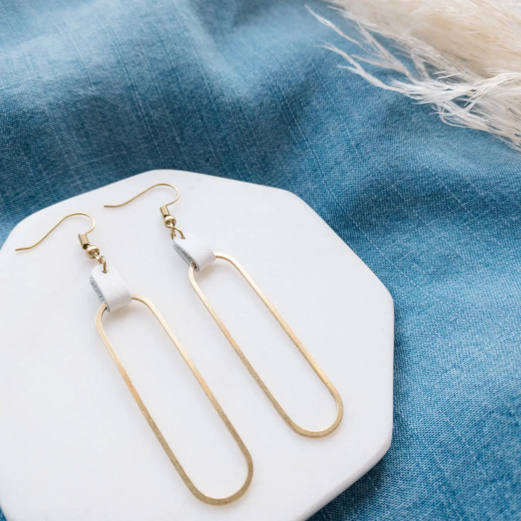 White Leather & Brass Oval Accent Earrings