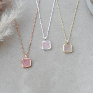 Florence Square Necklace - Silver/Rose Quartz