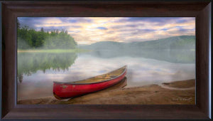 14" X 24" Red Canoe In The Fog Black Framed Print