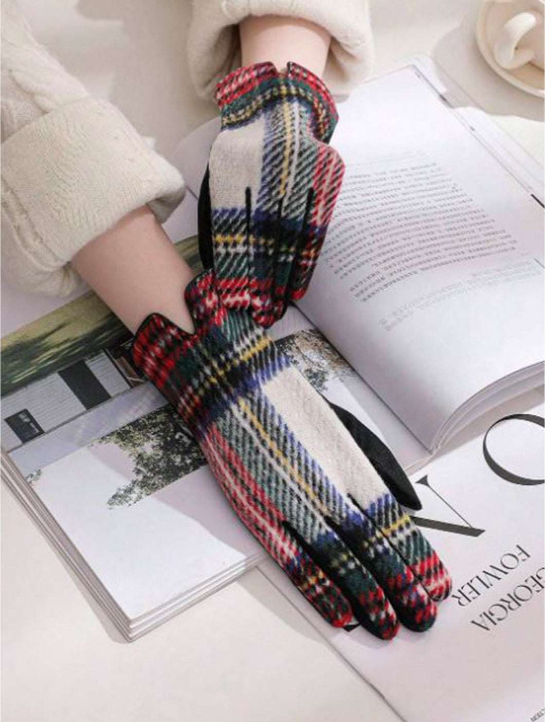 White Plaid Touch Screen Gloves