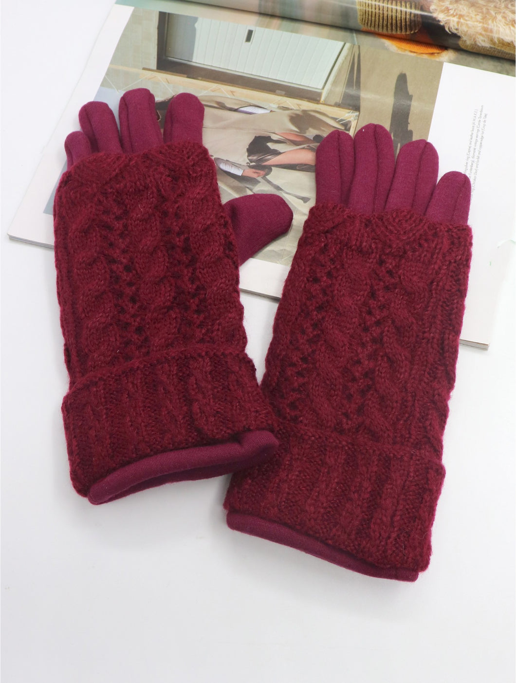 Burgundy Double Layered Cable Knit Touch Screen Glove