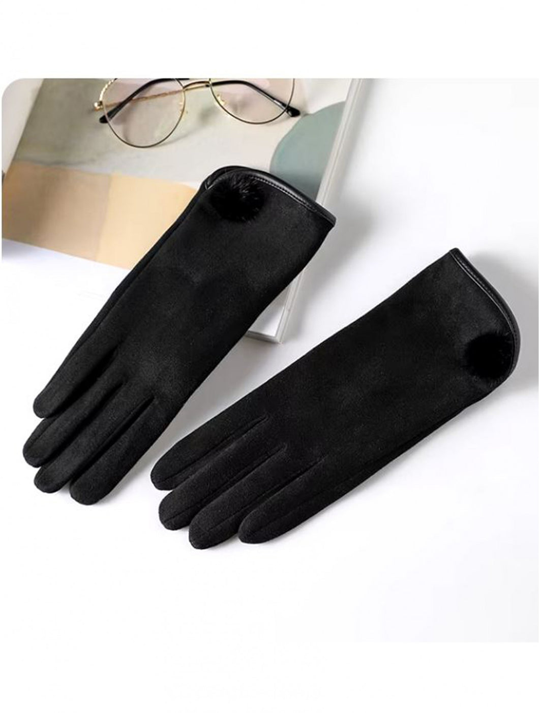 Black Faux Suede Touch Screen Gloves with Pompom