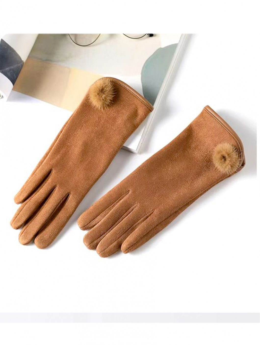 Kakhi Faux Suede Touch Screen Gloves with Pompom