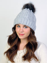 Load image into Gallery viewer, Light Grey Cable Knitted Camp Hat W/ Pompom
