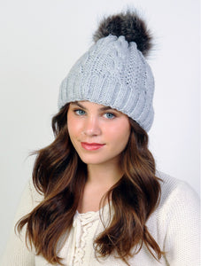 Light Grey Cable Knitted Camp Hat W/ Pompom