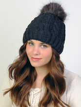 Load image into Gallery viewer, Dark Grey Cable Knitted Camp Hat W/ Pompom
