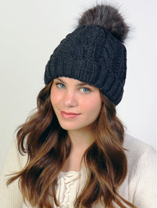 Dark Grey Cable Knitted Camp Hat W/ Pompom