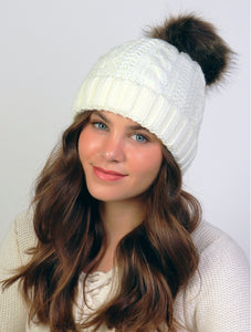 Cream Cable Knitted Camp Hat W/ Pompom