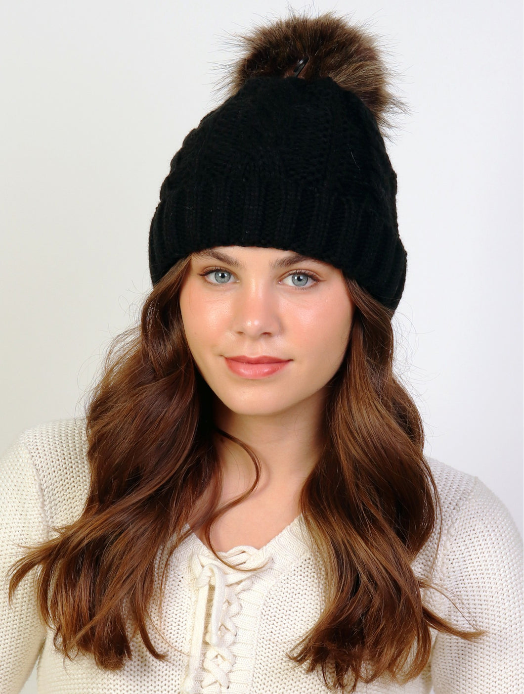 Black Cable Knitted Camp Hat W/ Pompom