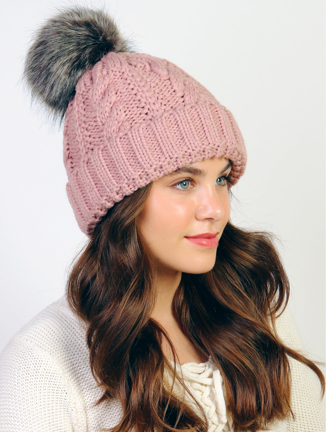 Pink Cable Knitted Camp Hat W/ Pompom