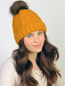 Mustard Cable Knitted Camp Hat W/ Pompom