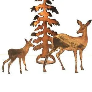 3-piece Rusted Metal Deer Family With Tree