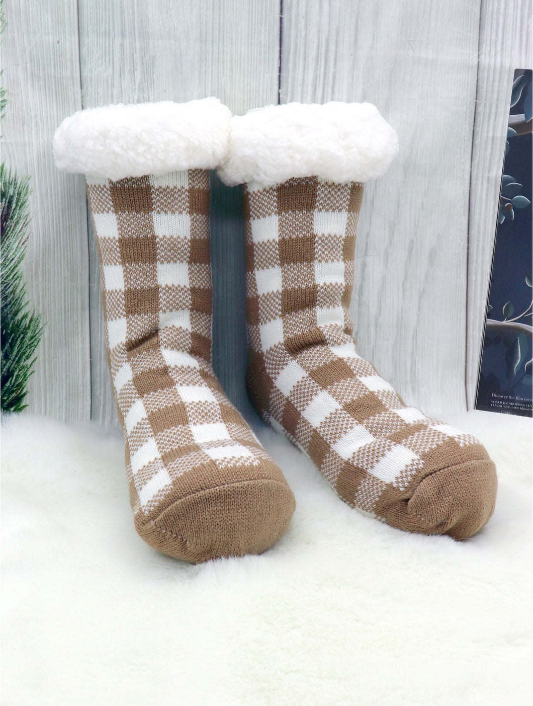 Taupe Buffalo Plaid Indoor Anti-Skid Slipper Socks