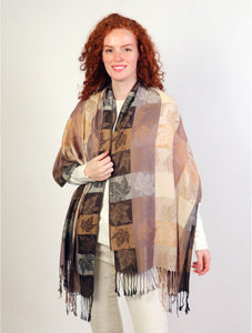 Taupe Maple Leaf Print Pashmina W/ Tassels