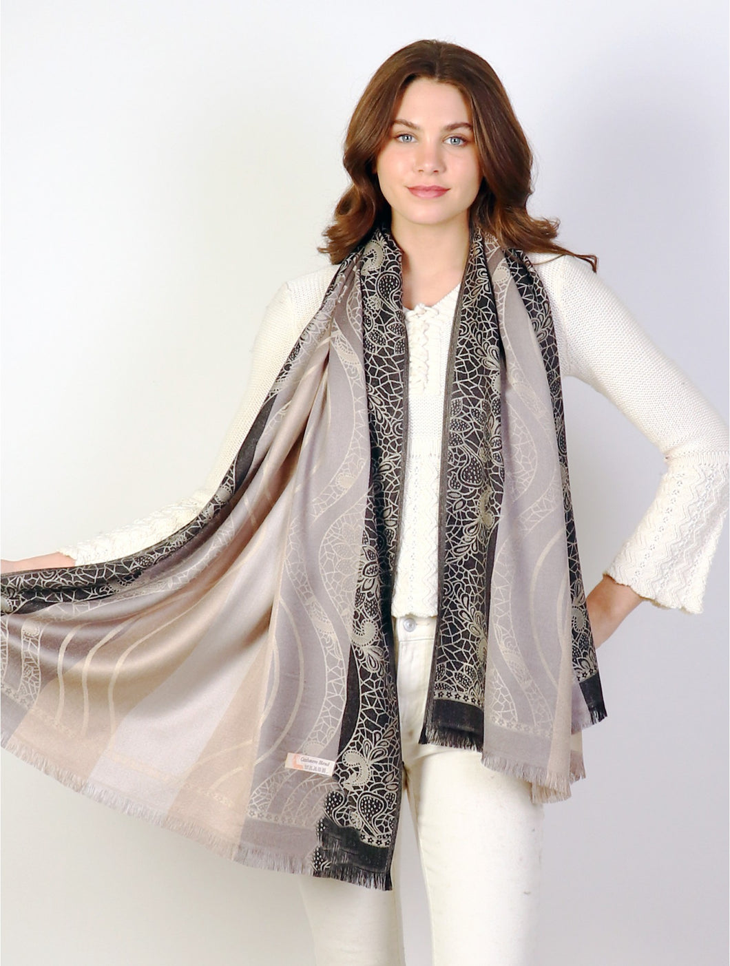 Grey Floral Wavy Design Pashmina