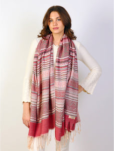 Burgundy Striped Geometric Print Pashmina Scarf