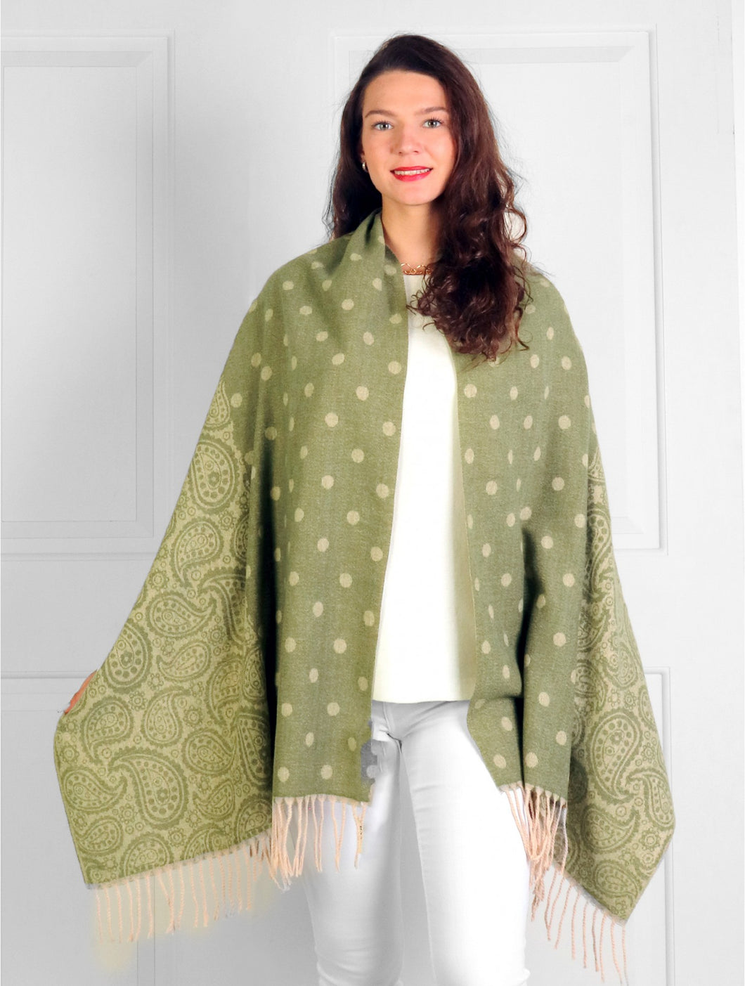 Green Paisley & Polka-Dot Scarf with Fringes