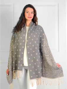 Grey Paisley & Polka-Dot Scarf with Fringes