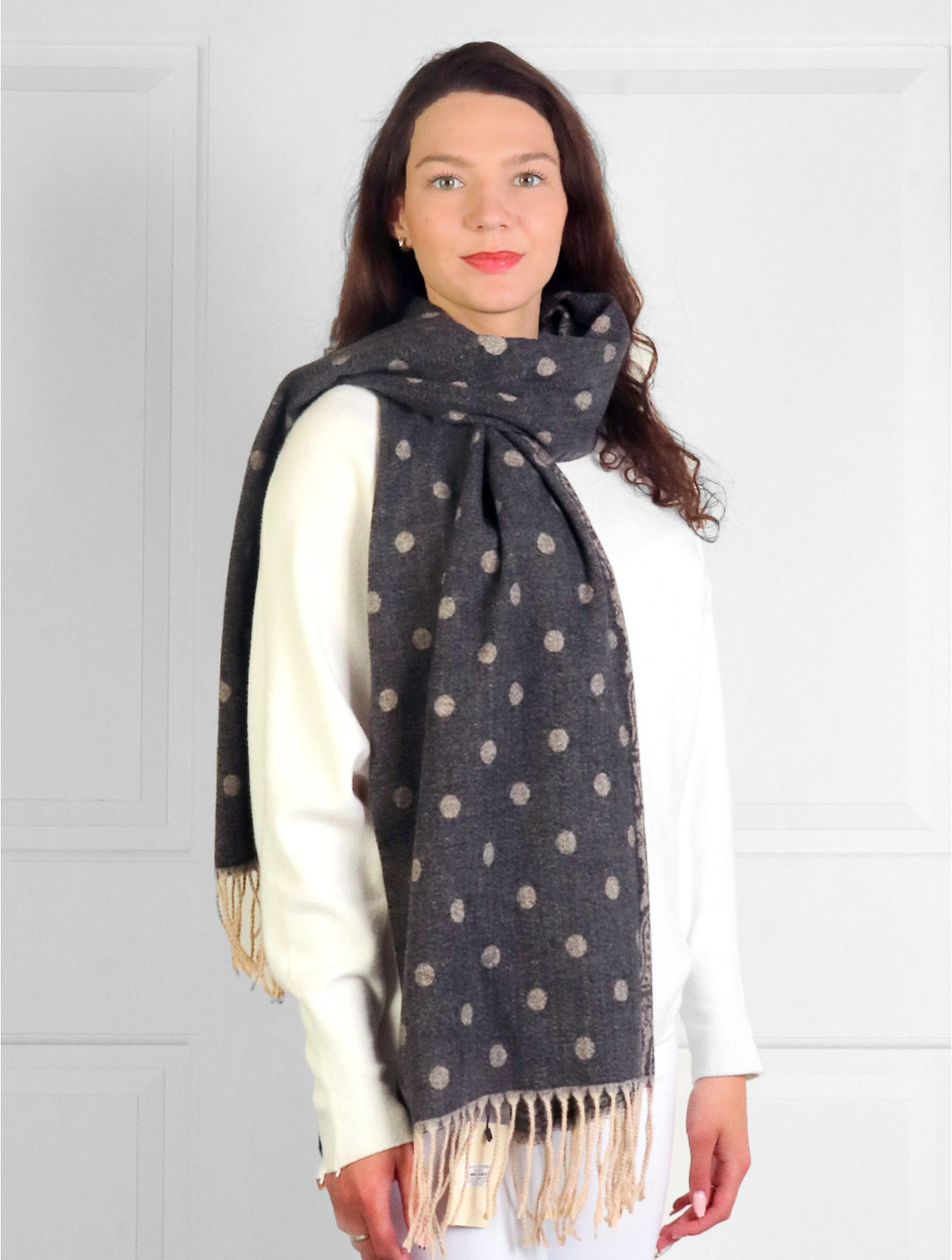 Black Paisley & Polka-Dot Scarf with Fringes