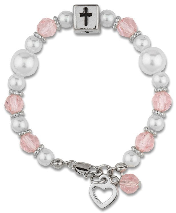 White & Pink Baby Bracelet With Cross Cube & Heart