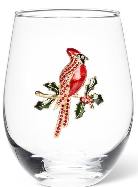 Stemless Wine Glass with Jewel Cardinal