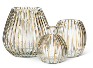 Medium Ribbed Wide Bottom Vase with Gold Stripes