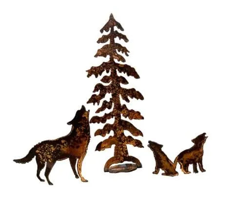 3-piece Rusted Metal Wolf Family With Tree