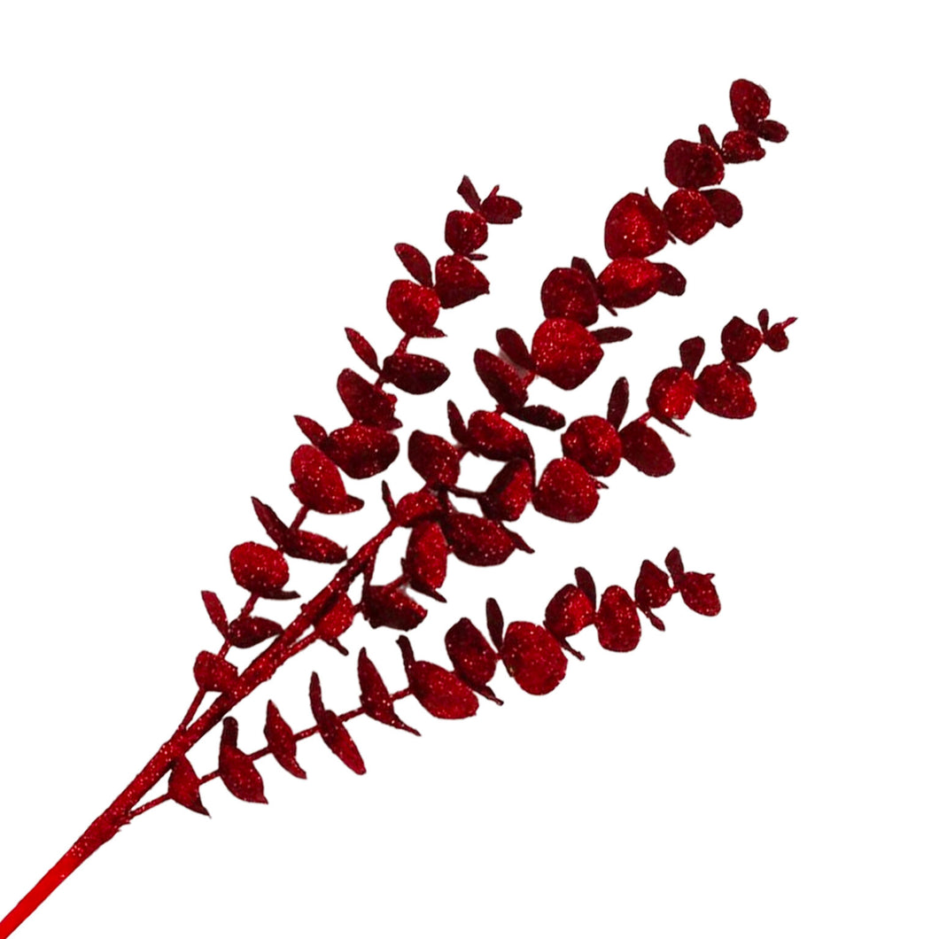 Red Glitter Eucalyptus Leaf Spray - 27