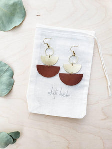 Brown Leather & Brass Stacked Half Moon Dangle Earrings
