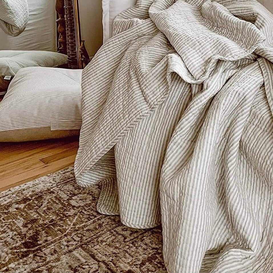 Taupe Ticking Queen Quilt Set