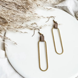 Latte Leather & Brass Oval Accent Earrings