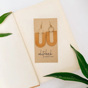 Biscuit Brown U-Shaped Leather & Brass Ring Earrings