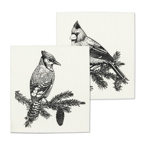 Black and White Winter Birds Swedish Dishcloths - Set of 2