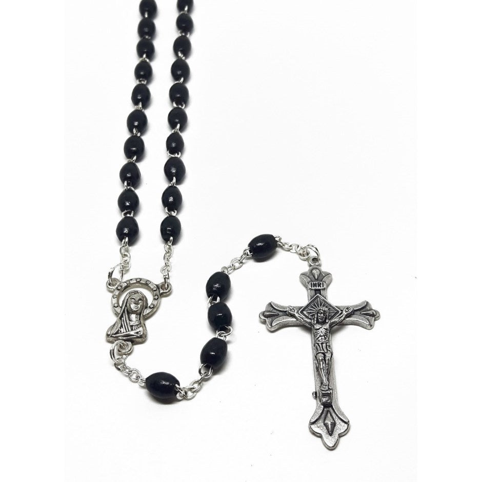 Black Oval Wood Bead Boxed Rosary