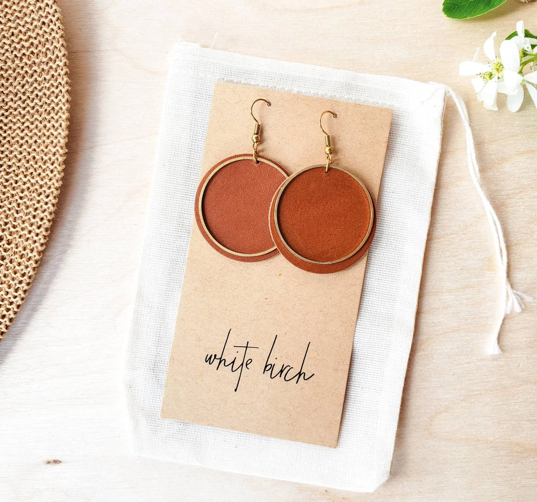 Brown Leather Disc & Circle Earrings