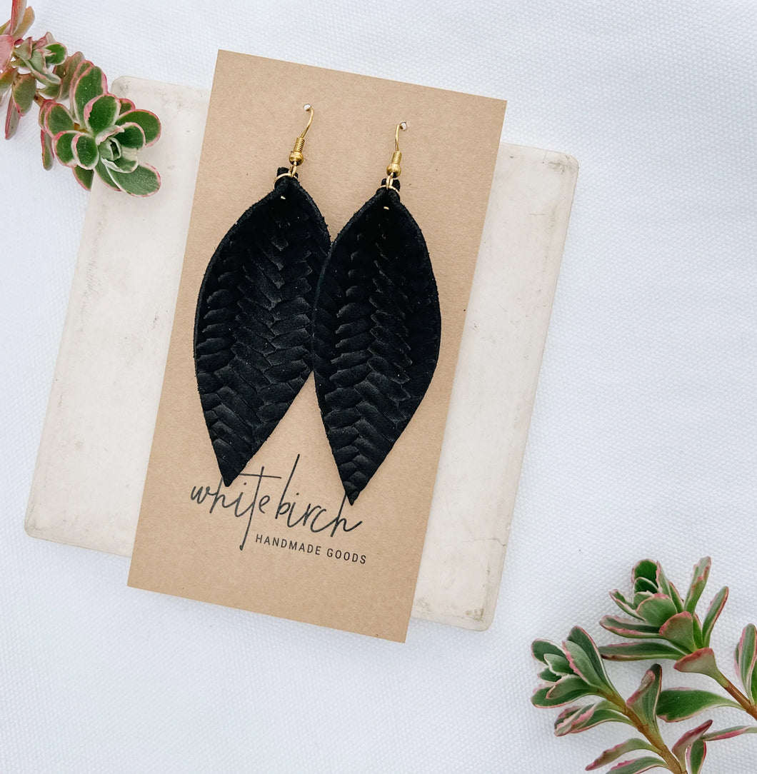 Black Braided Leather Leaf Earrings