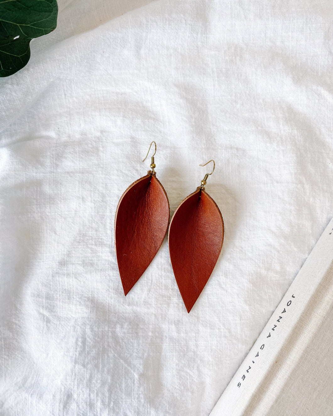 Yukon Cognac Leather Leaf Earrings