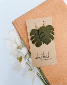 Monstera Leaf Shape Green Leather Earrings