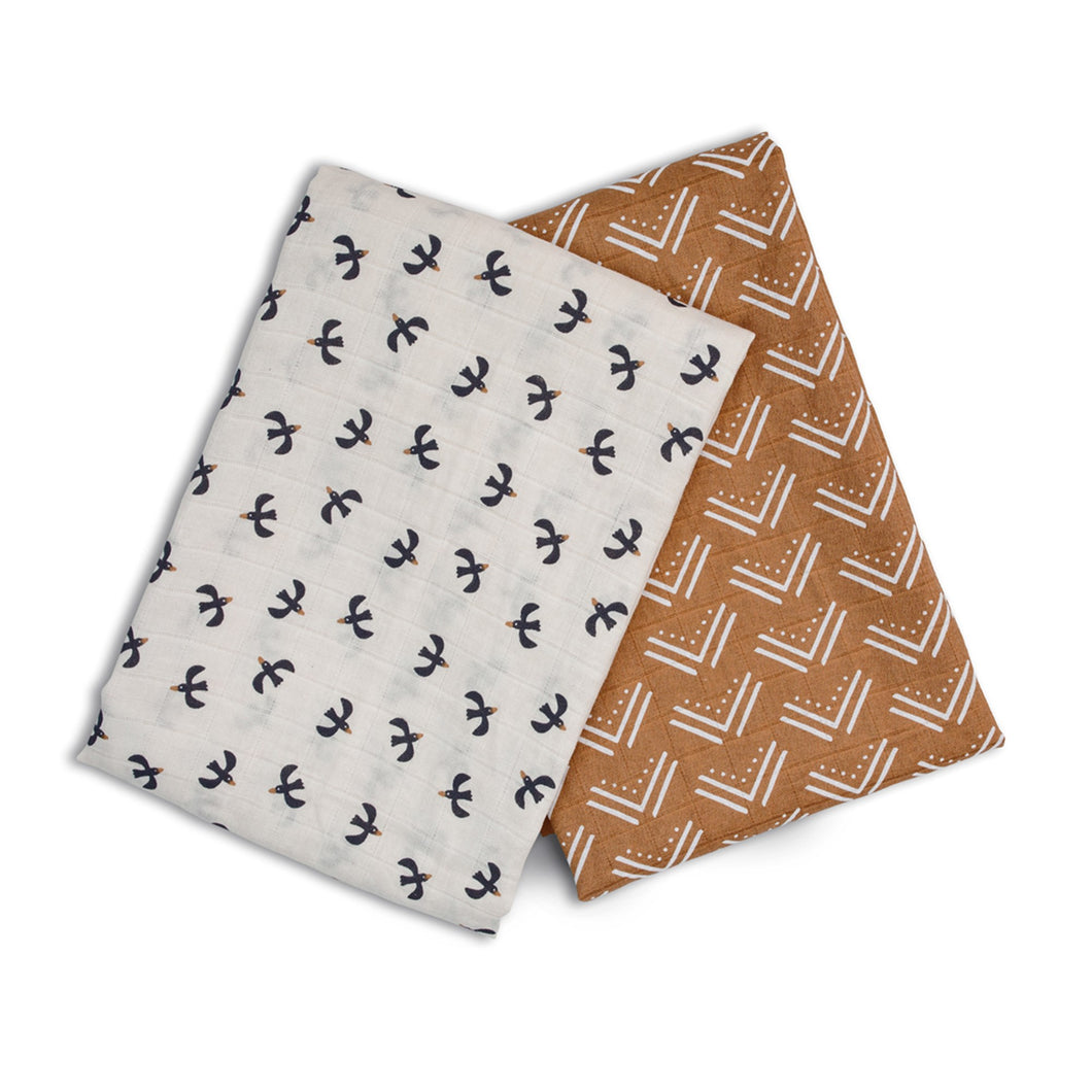 2pk Cotton Muslin Swaddles - Mudcloth/Black Birds